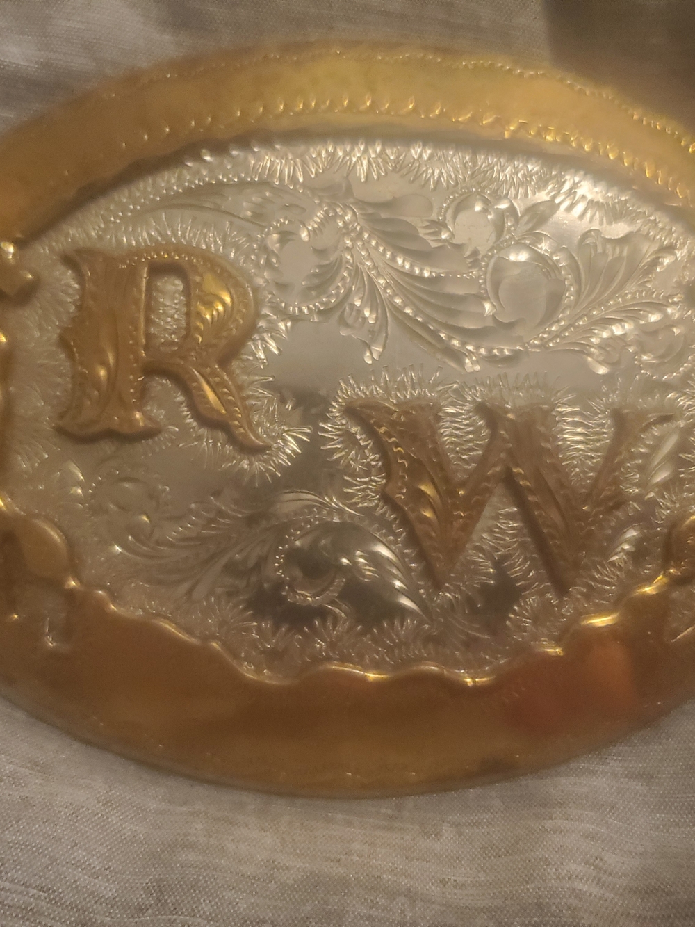 Vintage Custom Silver & Gold Western Belt Buckle - Initials RW (Randy White)